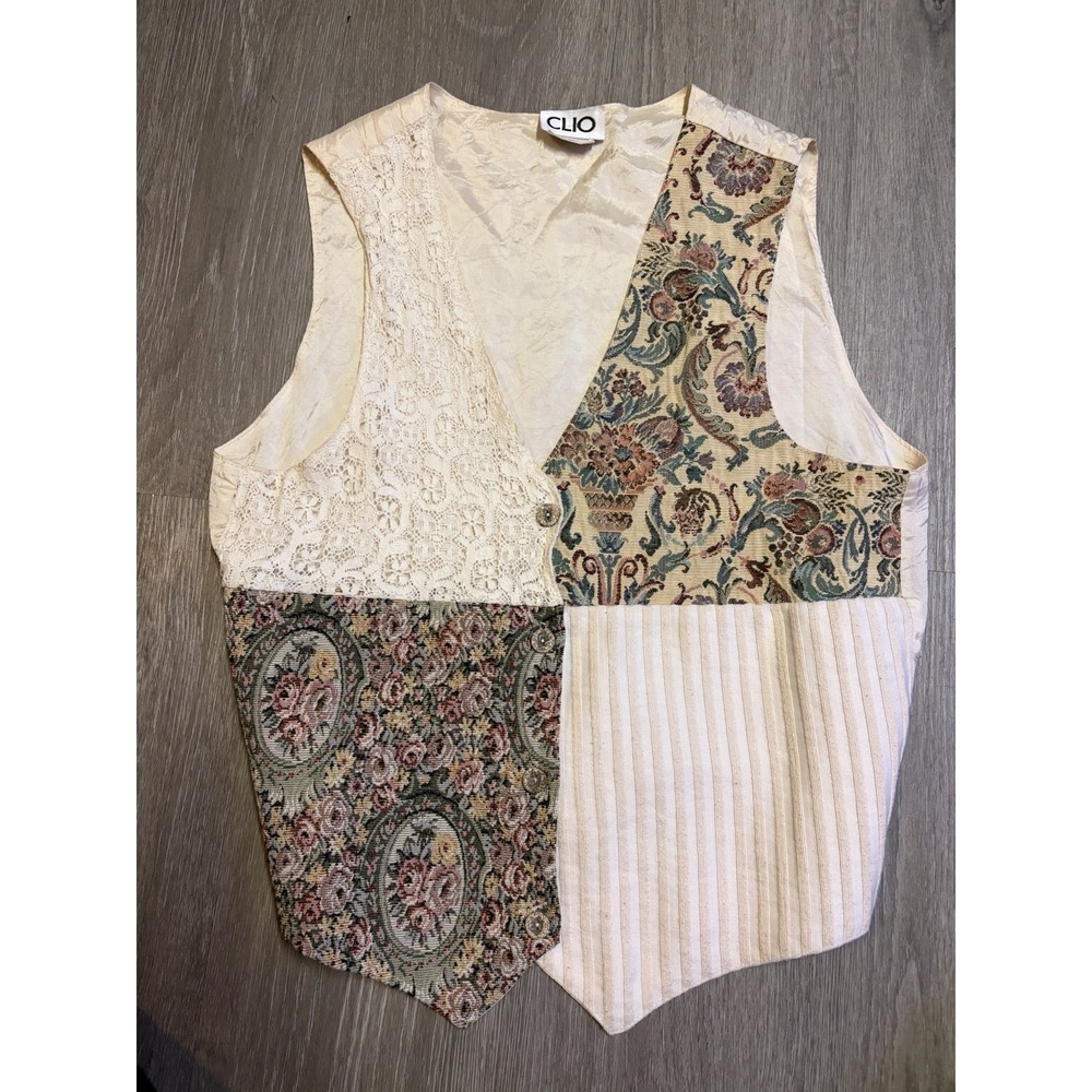 Vintage 90s Clio Patchwork Tapestry Lace Vest Womens M Cottagecore Boho Bin10072